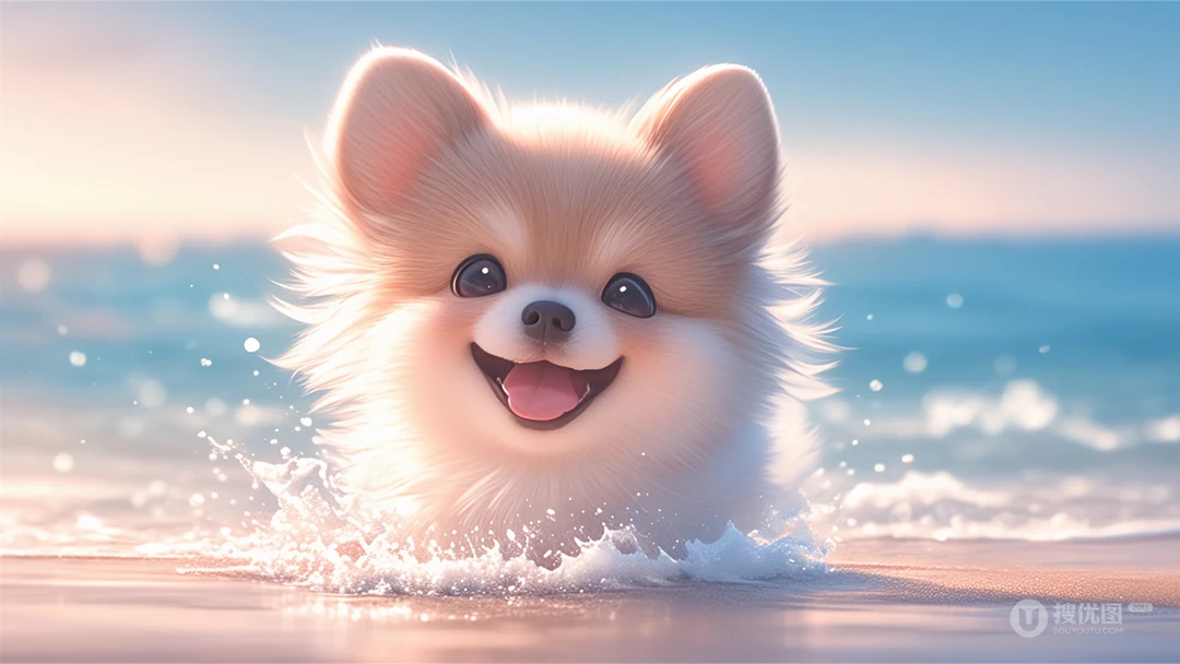 海边逐浪的奶黄可爱小狗狗壁纸图片