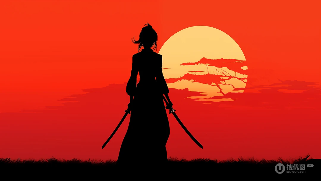 红色背景，夕阳，太阳，拿着双刀的女战士背影插画壁纸图片