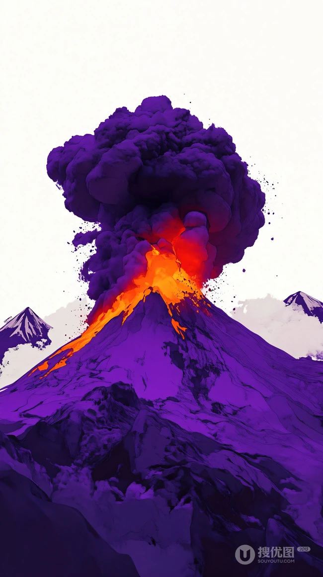 喷发的火山，不同颜色，染料，创意火山插画手机壁纸图片