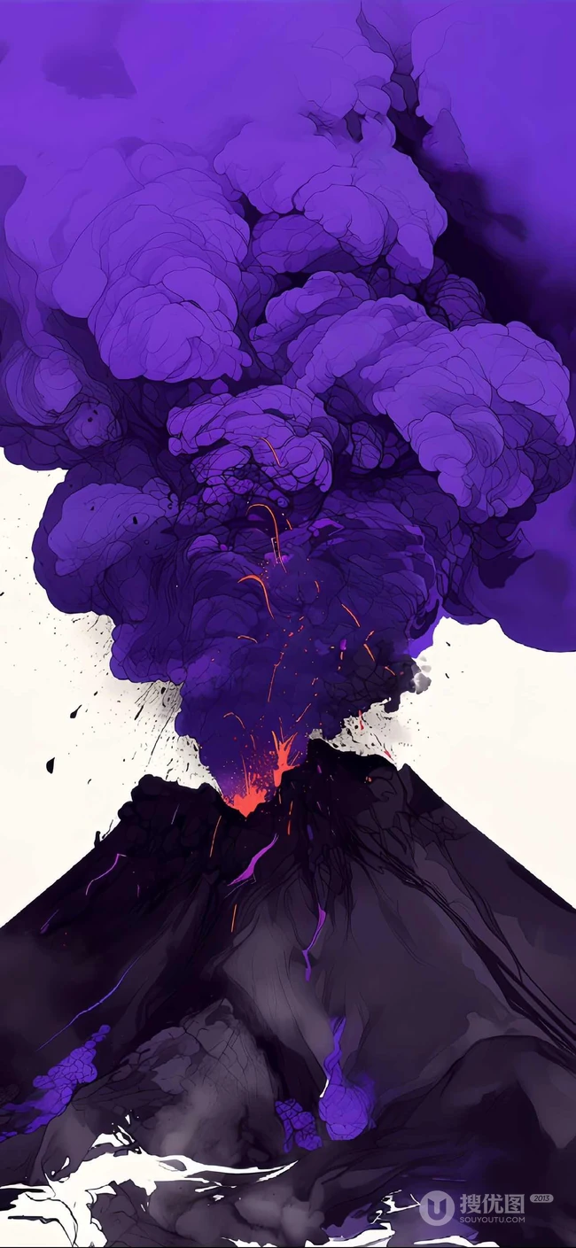 喷发的火山，不同颜色，染料，创意火山插画手机壁纸图片