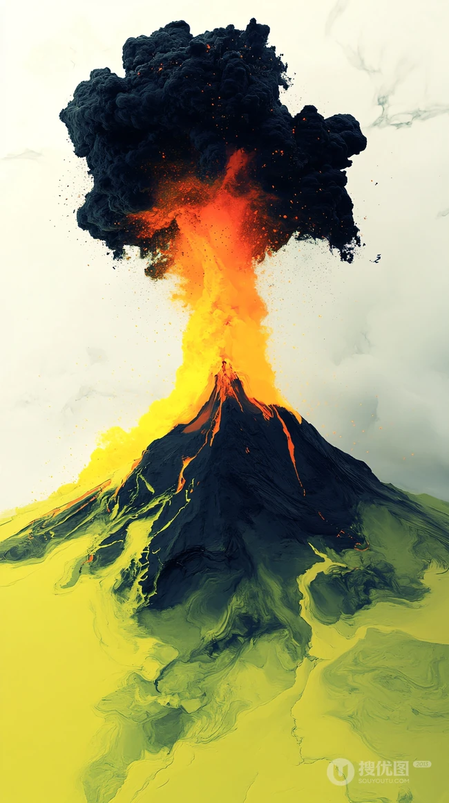喷发的火山，不同颜色，染料，创意火山插画手机壁纸图片