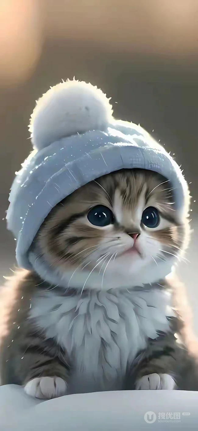 戴着冬帽的可爱小猫咪手机壁纸图片