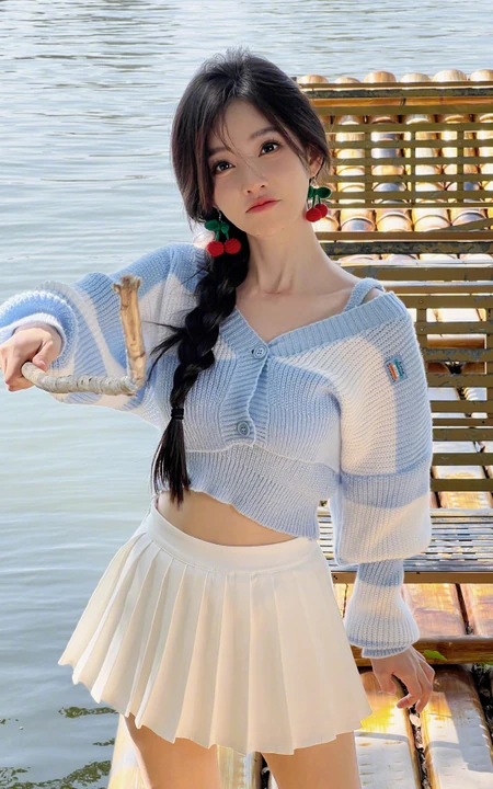 冯提莫可爱蓝色毛衣白色短裙穿搭湖边游玩美拍照片