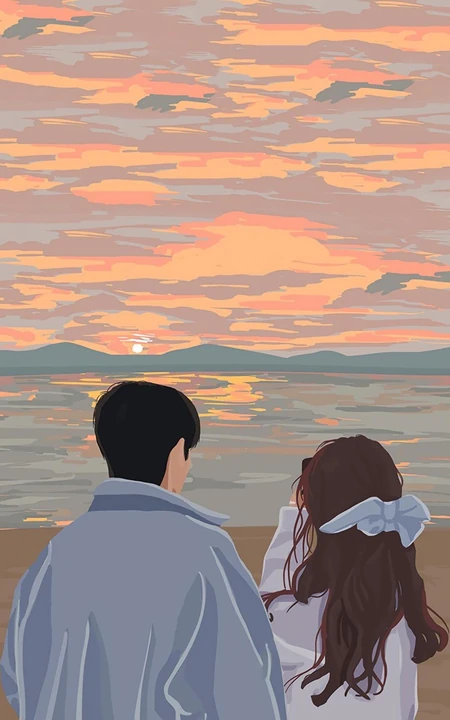 海边，夕阳下，一对年轻的男女动漫情侣唯美手机壁纸图