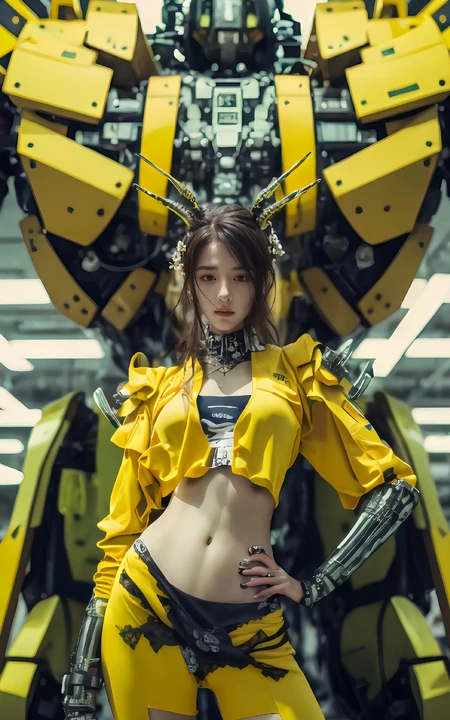穿着黄衣套装紧身露脐装个性长裤的美女和小黄蜂机器人手机壁纸