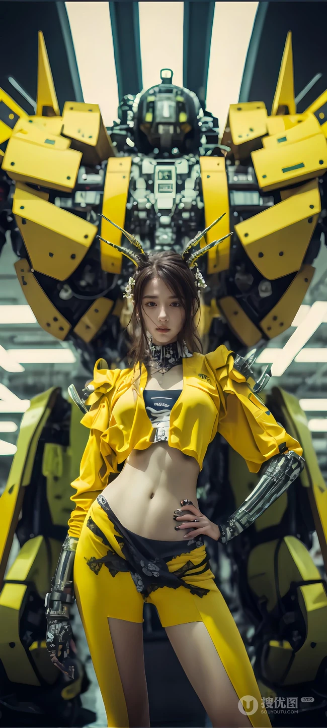 穿着黄衣套装紧身露脐装个性长裤的美女和小黄蜂机器人手机壁纸