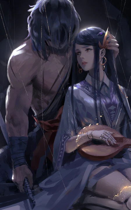 武士和歌女，打着赤膊的强壮肌肉男武士和弹着小琴的歌女手机壁纸