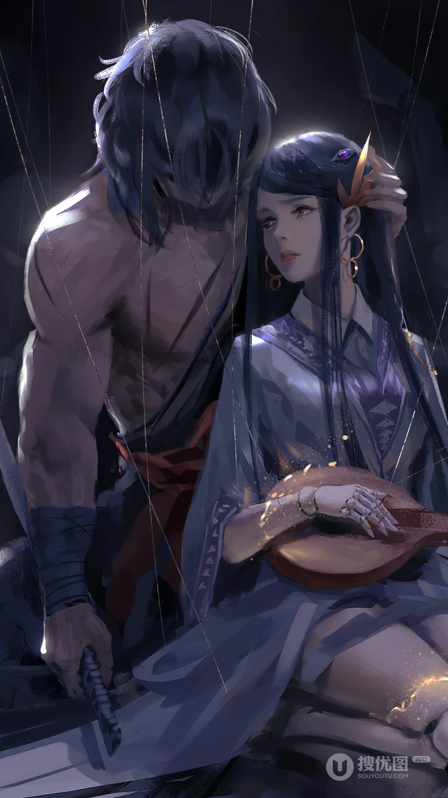 武士和歌女，打着赤膊的强壮肌肉男武士和弹着小琴的歌女手机壁纸