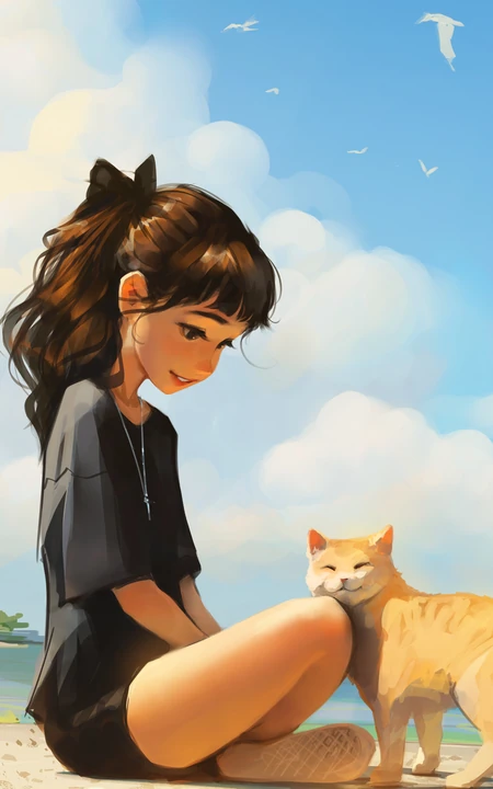 沙滩上，马尾辫发型短裤女生和她的小猫咪可爱手机壁纸图片