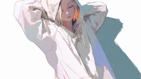 双手抱在脑后，闭着眼睛的卫衣动漫女生简洁桌面壁纸图片