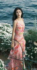 张予曦肩带印花裙海边花园清新写真美照