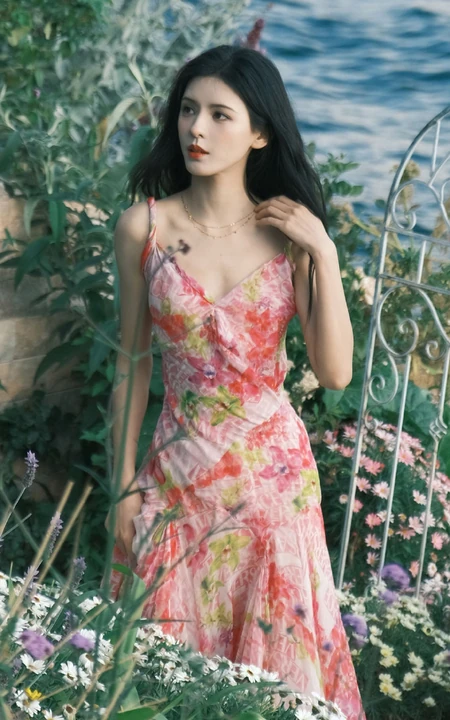 张予曦肩带印花裙海边花园清新写真美照