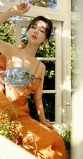 杨紫阳光花园房前气质写真，肩带花胸衣搭配橘色长裙，身材苗条动人