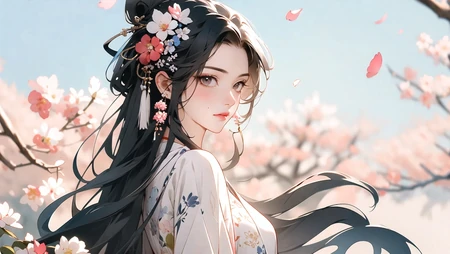 梅花树下，仙气飘飘的古装白裙美女插画美图桌面壁纸图片