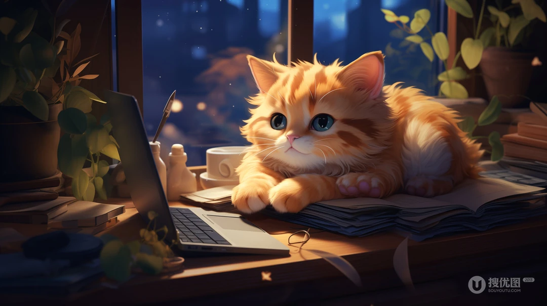 窗前，书桌上，趴在笔记本面前的可爱猫咪桌面壁纸图片