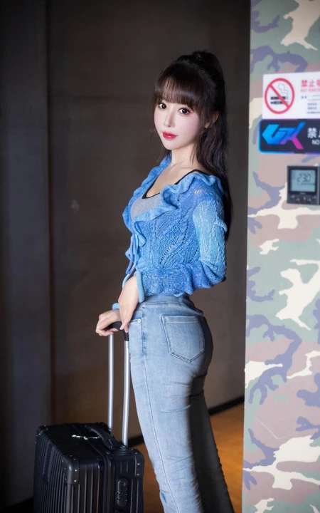 牛仔裤气质女生的魅力，身材超好的气质女生笑笑紧身牛仔裤室内写真照