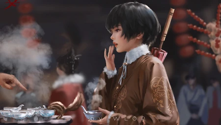 热闹的路边街边，拿着碗吃甜食点心的鬼刀人物小绿可爱古风壁纸图片