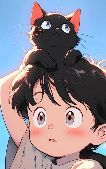头上趴着一只小黑猫的可爱大眼睛动漫人物小女孩手机壁纸图片