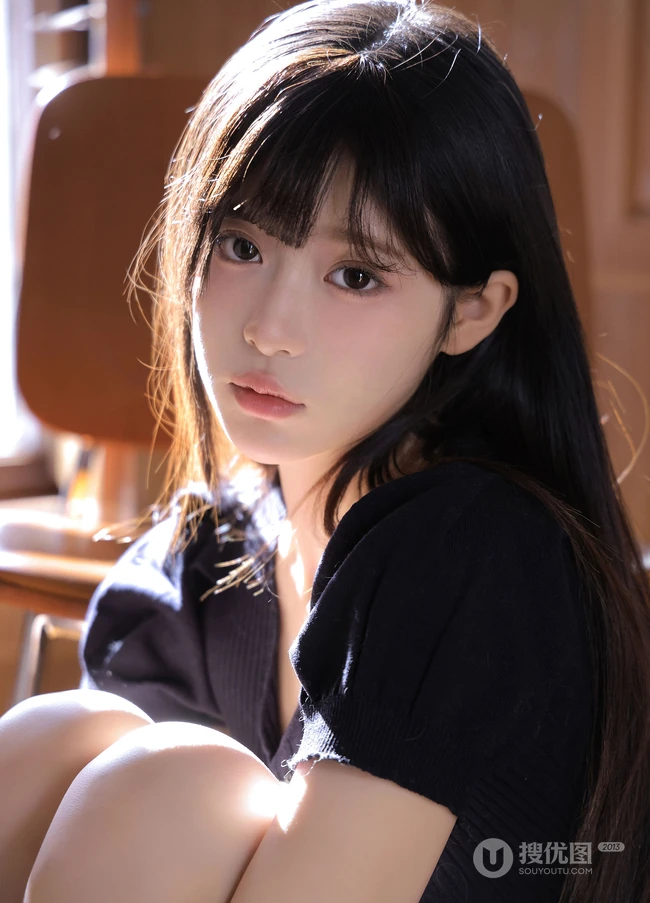 享受冬日温暖阳光的清纯齐刘海长发少女居家写真美照