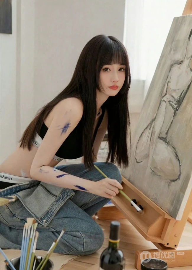 画画的女人，拿着画笔在画室的紧身运动家居服肩带牛仔裤高清女生写真图片