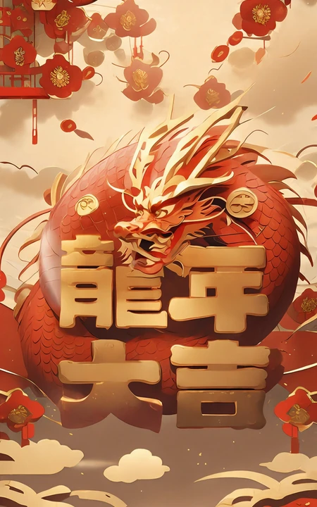 龙年大吉文字手机壁纸，红色喜庆，卡通龙 2024龙年节日手机壁纸