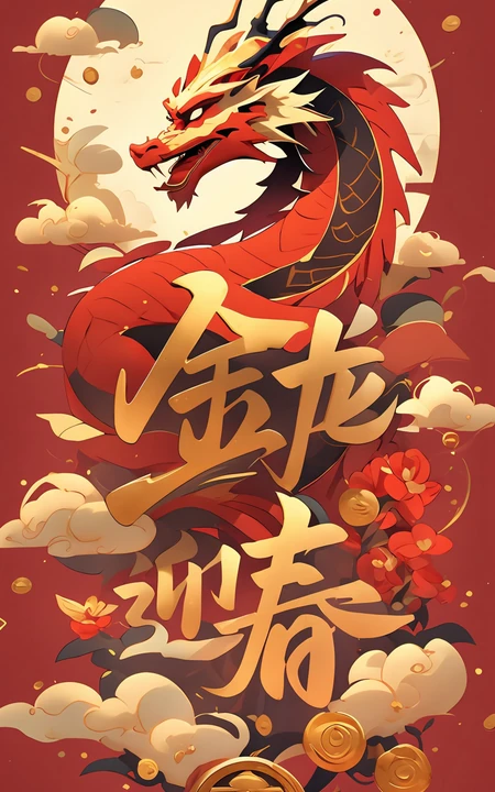 金龙迎春文字手机壁纸，红色喜庆，卡通龙 2024龙年节日手机壁纸