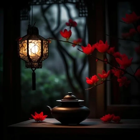 青枝，绿叶，红花，古砖古寺，以及一盏明灯唯美冬日意境背景图片