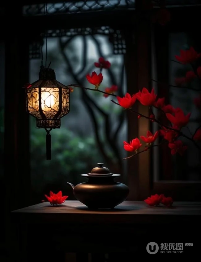 青枝，绿叶，红花，古砖古寺，以及一盏明灯唯美冬日意境背景图片 第1张