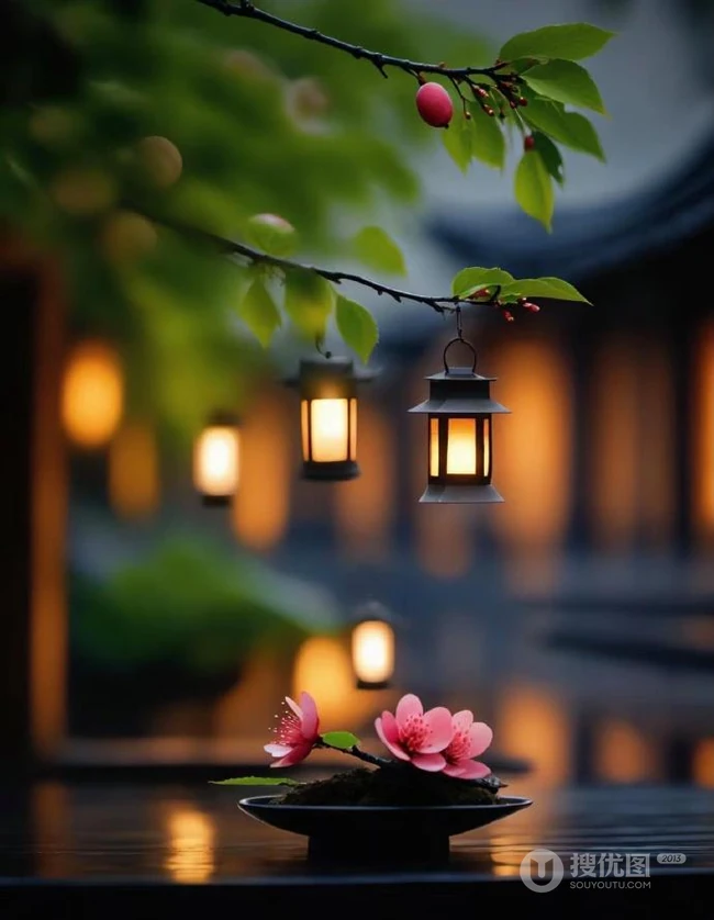 青枝，绿叶，红花，古砖古寺，以及一盏明灯唯美冬日意境背景图片 第4张