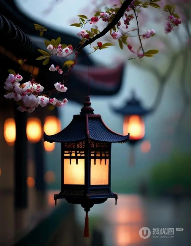 青枝，绿叶，红花，古砖古寺，以及一盏明灯唯美冬日意境背景图片 第8张