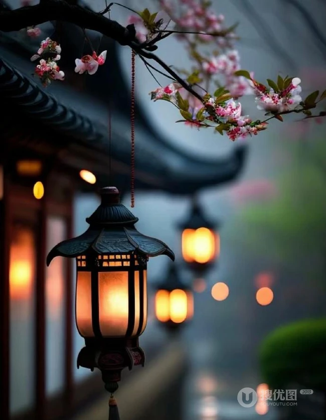 青枝，绿叶，红花，古砖古寺，以及一盏明灯唯美冬日意境背景图片 第3张