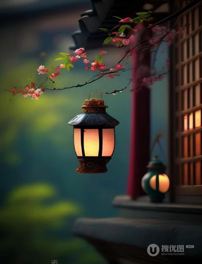 青枝，绿叶，红花，古砖古寺，以及一盏明灯唯美冬日意境背景图片 第6张