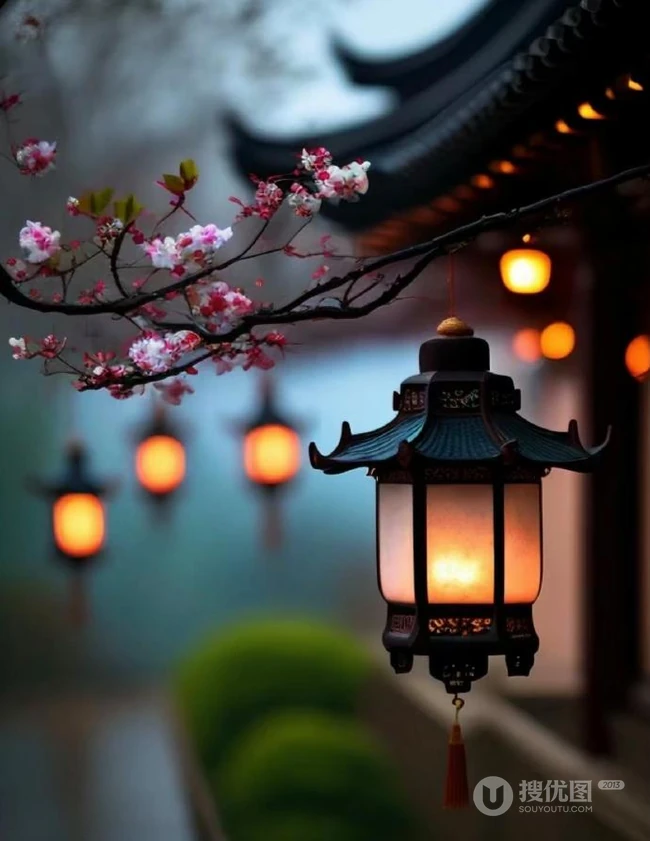 青枝，绿叶，红花，古砖古寺，以及一盏明灯唯美冬日意境背景图片 第5张