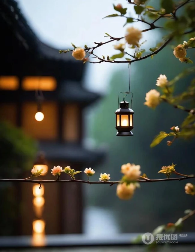 青枝，绿叶，红花，古砖古寺，以及一盏明灯唯美冬日意境背景图片 第9张