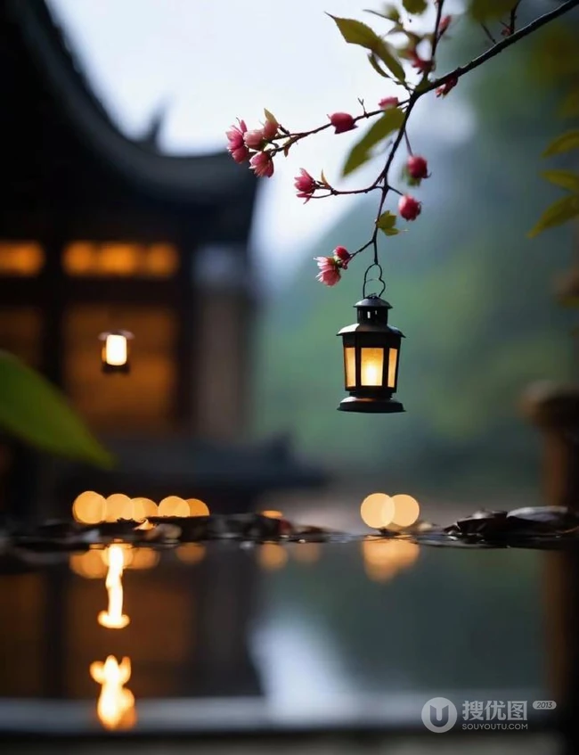 青枝，绿叶，红花，古砖古寺，以及一盏明灯唯美冬日意境背景图片 第7张