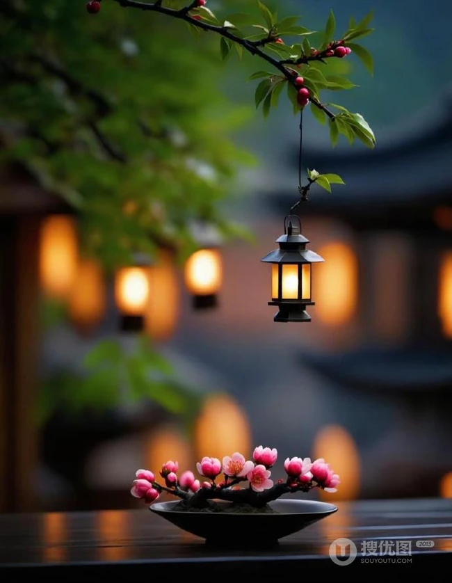 青枝，绿叶，红花，古砖古寺，以及一盏明灯唯美冬日意境背景图片 第2张