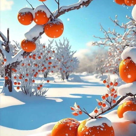 冬日卡通雪山雪景，小路，树木，果树，果实唯美大雪插画背景图片