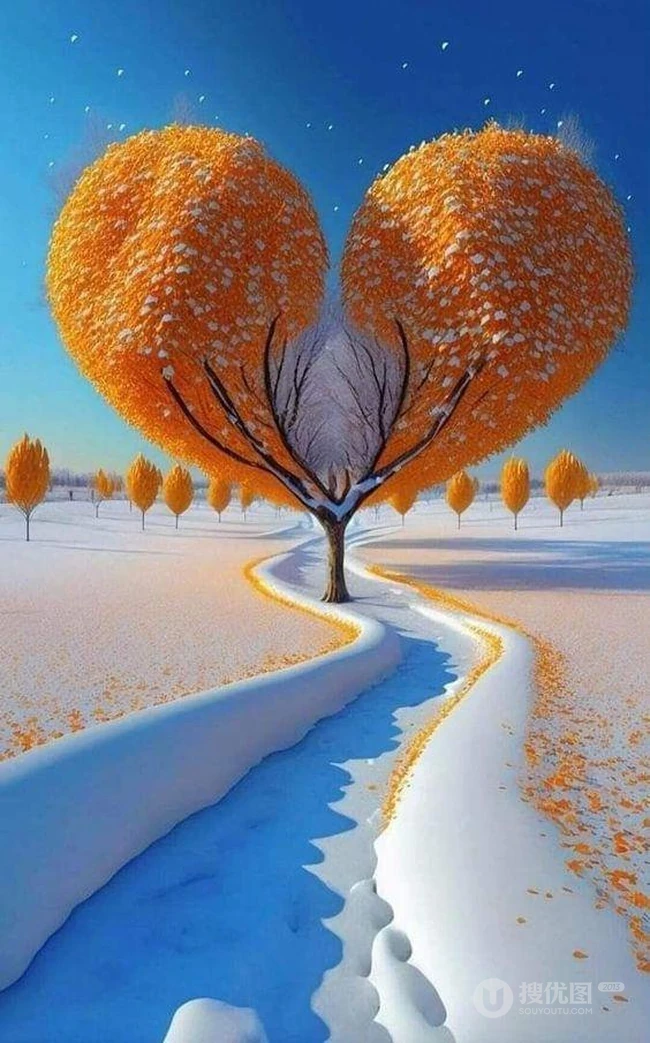 冬日卡通雪山雪景，小路，树木，果树，果实唯美大雪插画背景图片 第3张