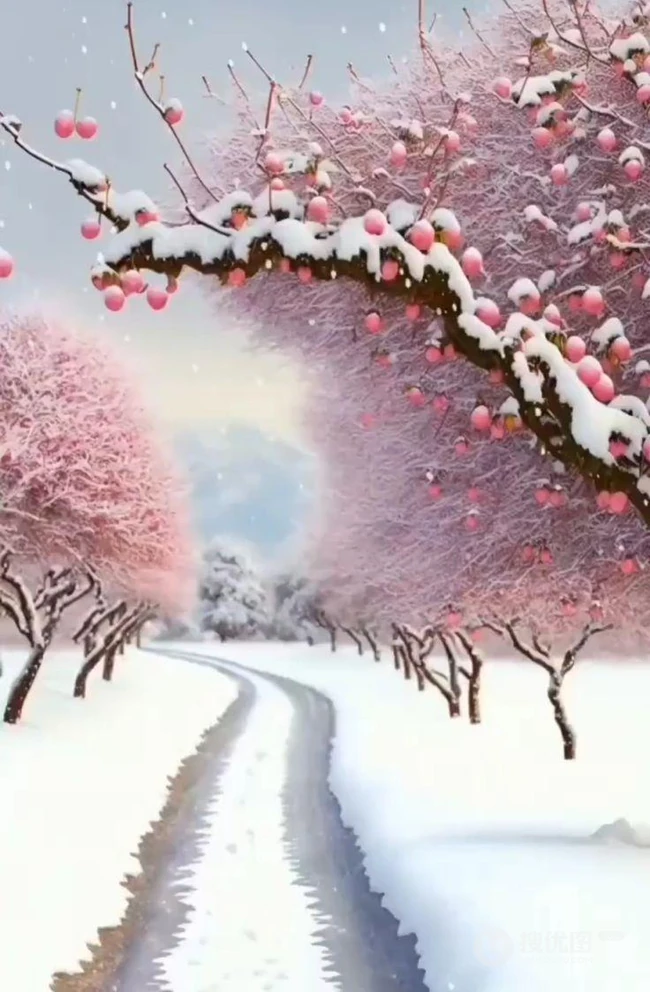 冬日卡通雪山雪景，小路，树木，果树，果实唯美大雪插画背景图片 第6张