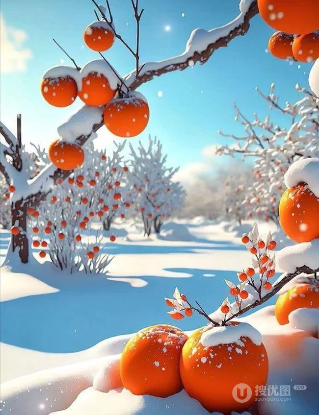 冬日卡通雪山雪景，小路，树木，果树，果实唯美大雪插画背景图片 第1张