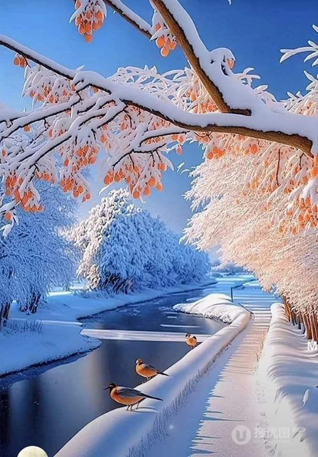 冬日卡通雪山雪景，小路，树木，果树，果实唯美大雪插画背景图片 第5张