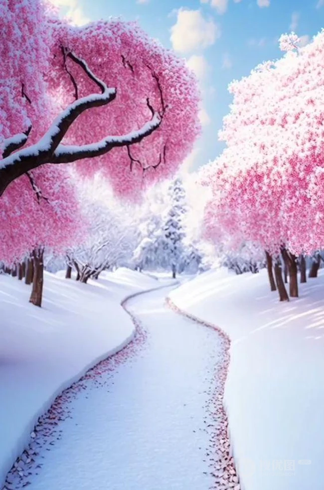 冬日卡通雪山雪景，小路，树木，果树，果实唯美大雪插画背景图片 第8张
