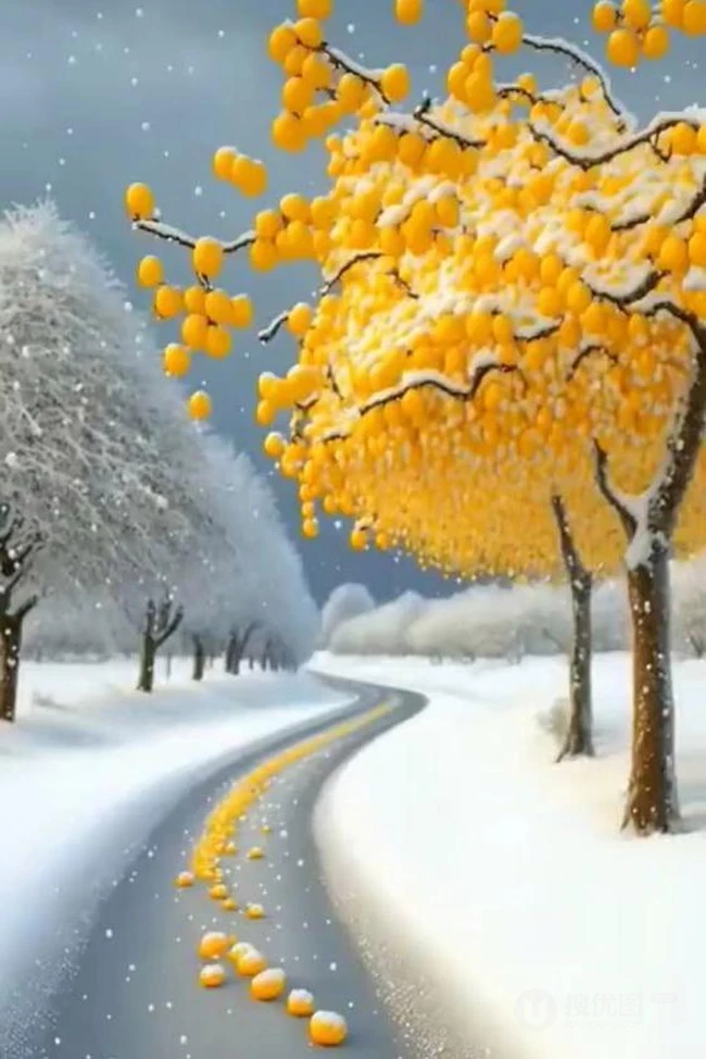 冬日卡通雪山雪景，小路，树木，果树，果实唯美大雪插画背景图片 第7张