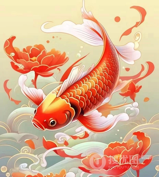 好运连连，2024吉祥锦鲤，水中游弋的红色锦鲤唯美背景图片 第2张