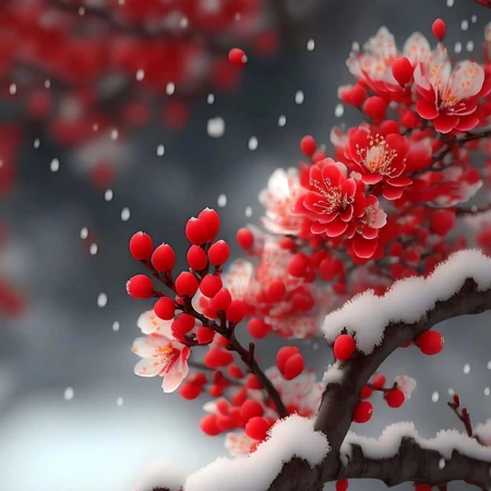 红梅独自开，大雪纷飞中开放的红色梅花唯美意境图片