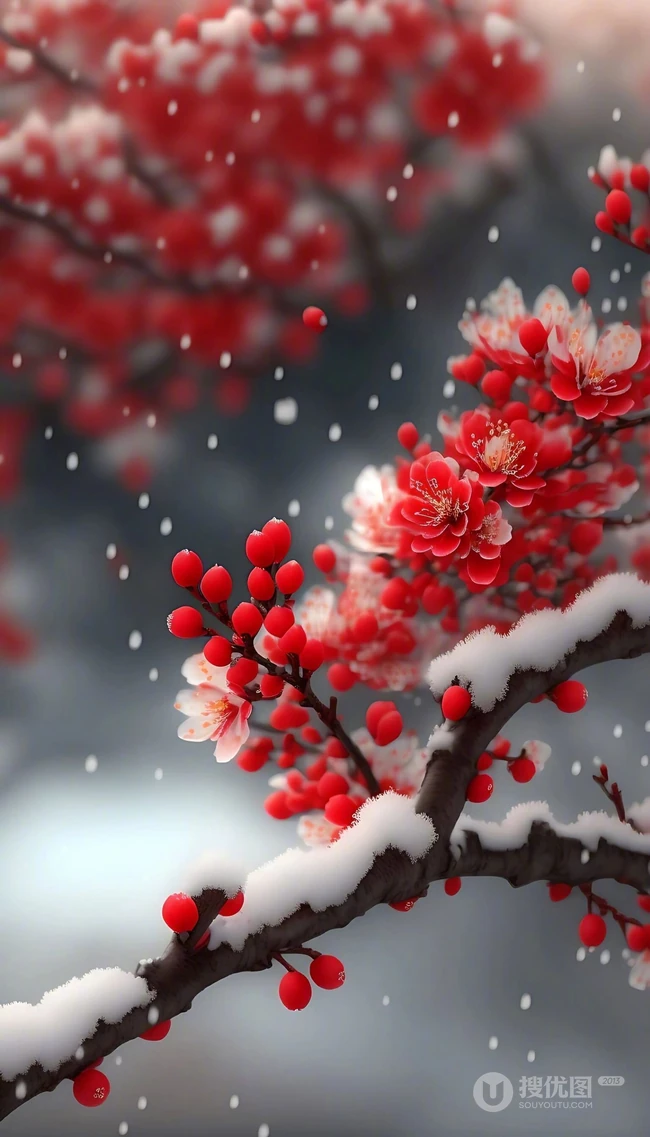 红梅独自开，大雪纷飞中开放的红色梅花唯美意境图片 第1张