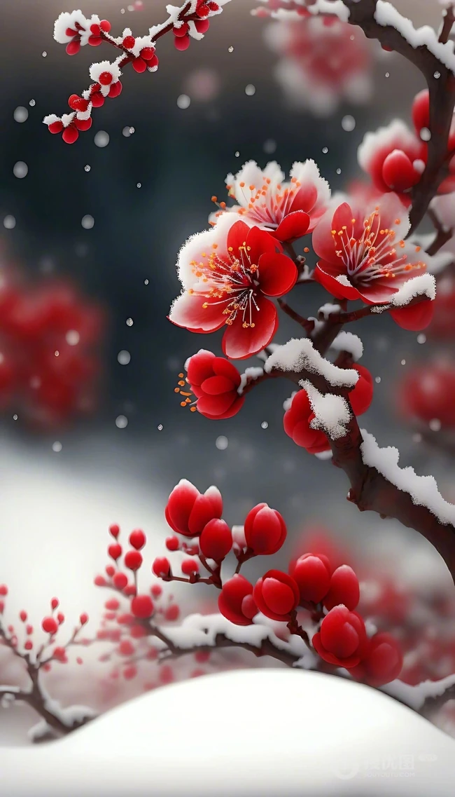 红梅独自开，大雪纷飞中开放的红色梅花唯美意境图片 第7张