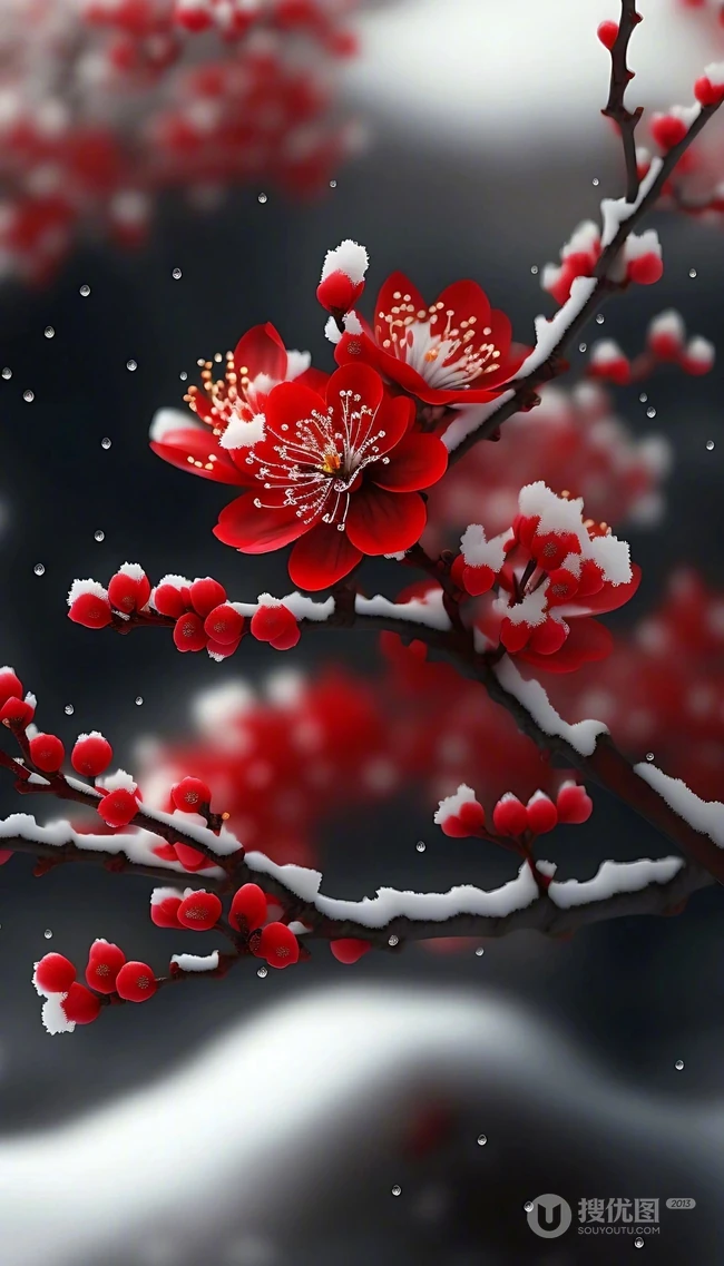 红梅独自开，大雪纷飞中开放的红色梅花唯美意境图片 第9张