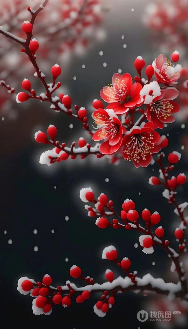 红梅独自开，大雪纷飞中开放的红色梅花唯美意境图片 第8张