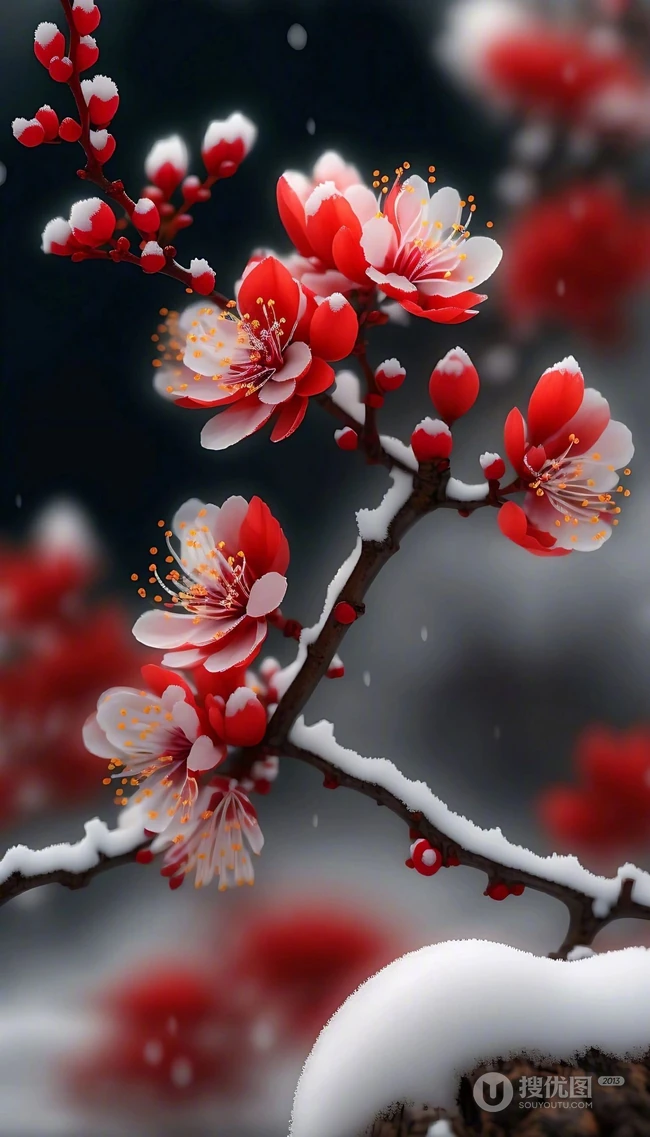 红梅独自开，大雪纷飞中开放的红色梅花唯美意境图片 第4张